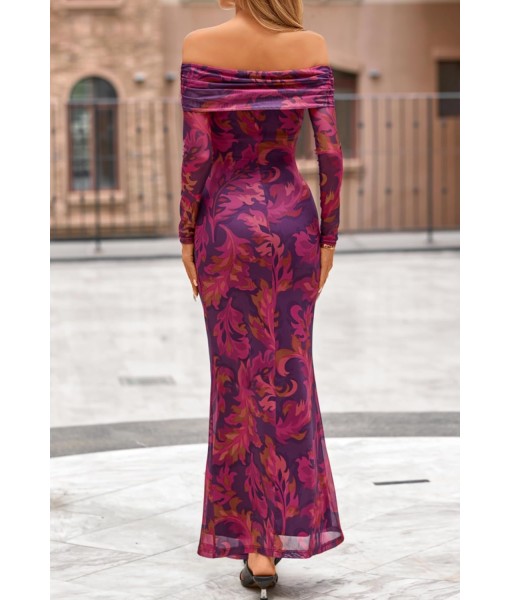 MEROKEETY Women's Fall Off Shoulder Floral Maxi Dresses Formal Long Sleeve Bodycon Cocktail Wedding Guest Dress