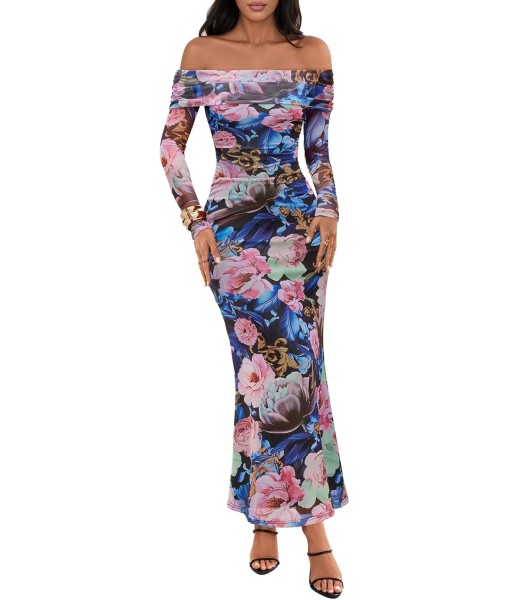 MEROKEETY Women's Fall Off Shoulder Floral Maxi Dresses Formal Long Sleeve Bodycon Cocktail Wedding Guest Dress