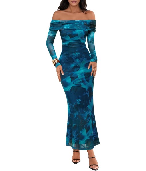 MEROKEETY Women's Fall Off Shoulder Floral Maxi Dresses Formal Long Sleeve Bodycon Cocktail Wedding Guest Dress