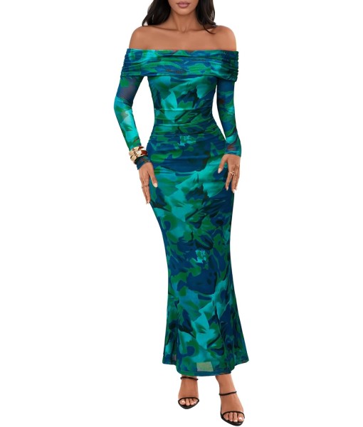 MEROKEETY Women's Fall Off Shoulder Floral Maxi Dresses Formal Long Sleeve Bodycon Cocktail Wedding Guest Dress