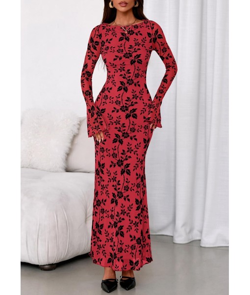 PRETTYGARDEN Women's Floral Bodycon Maxi Dress 2025 Fall Elegant Mesh Long Sleeve Formal Wedding Guest Cocktail Dresses