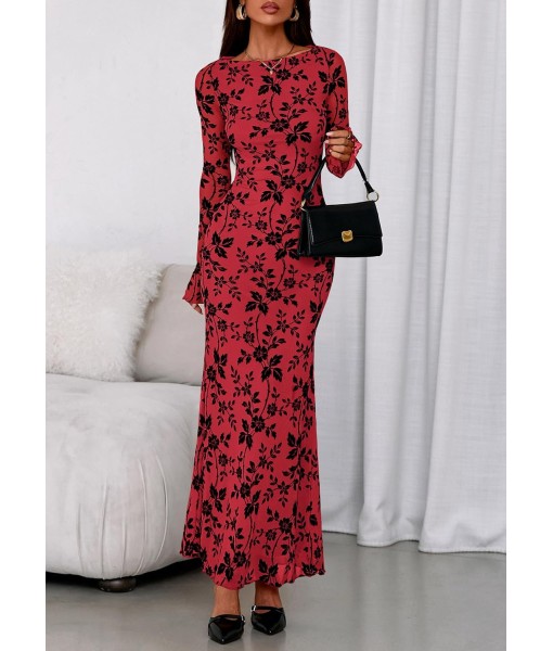 PRETTYGARDEN Women's Floral Bodycon Maxi Dress 2025 Fall Elegant Mesh Long Sleeve Formal Wedding Guest Cocktail Dresses