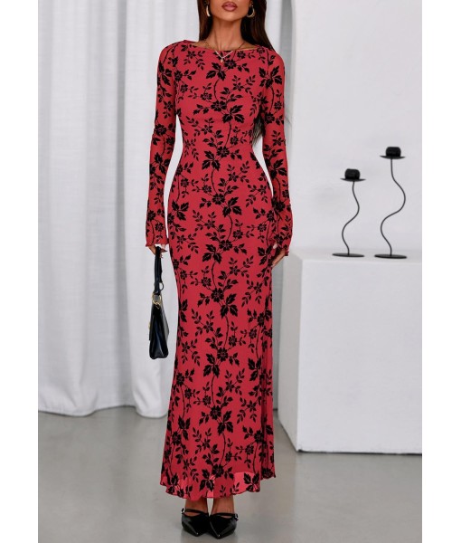 PRETTYGARDEN Women's Floral Bodycon Maxi Dress 2025 Fall Elegant Mesh Long Sleeve Formal Wedding Guest Cocktail Dresses