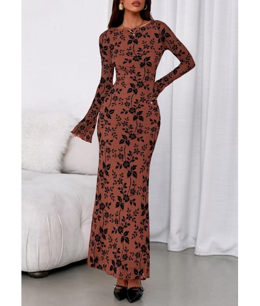 PRETTYGARDEN Women's Floral Bodycon Maxi Dress 2025 Fall Elegant Mesh Long Sleeve Formal Wedding Guest Cocktail Dresses