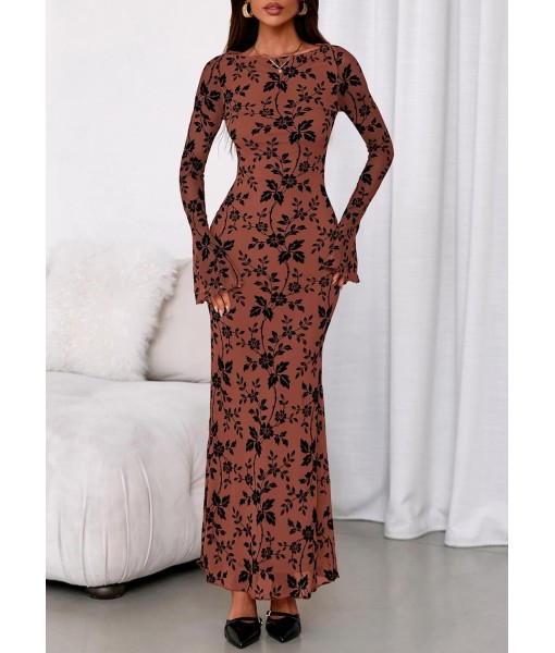 PRETTYGARDEN Women's Floral Bodycon Maxi Dress 2025 Fall Elegant Mesh Long Sleeve Formal Wedding Guest Cocktail Dresses