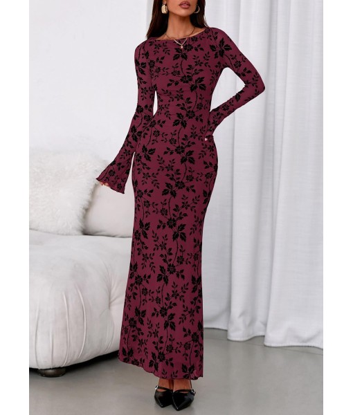 PRETTYGARDEN Women's Floral Bodycon Maxi Dress 2025 Fall Elegant Mesh Long Sleeve Formal Wedding Guest Cocktail Dresses