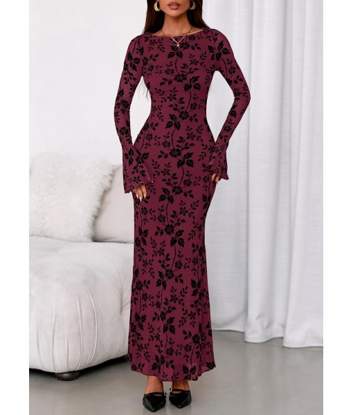 PRETTYGARDEN Women's Floral Bodycon Maxi Dress 2025 Fall Elegant Mesh Long Sleeve Formal Wedding Guest Cocktail Dresses
