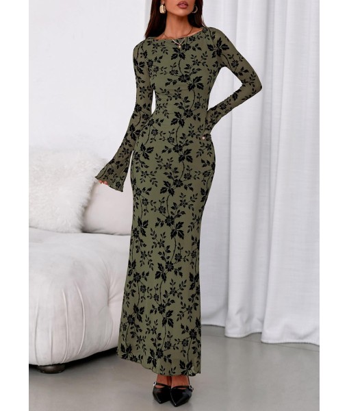 PRETTYGARDEN Women's Floral Bodycon Maxi Dress 2025 Fall Elegant Mesh Long Sleeve Formal Wedding Guest Cocktail Dresses
