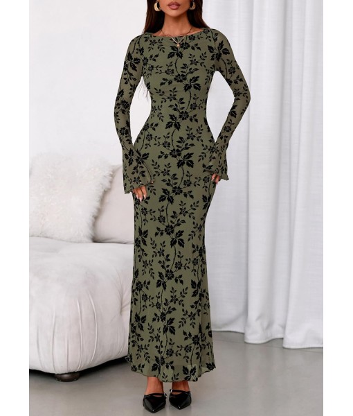 PRETTYGARDEN Women's Floral Bodycon Maxi Dress 2025 Fall Elegant Mesh Long Sleeve Formal Wedding Guest Cocktail Dresses