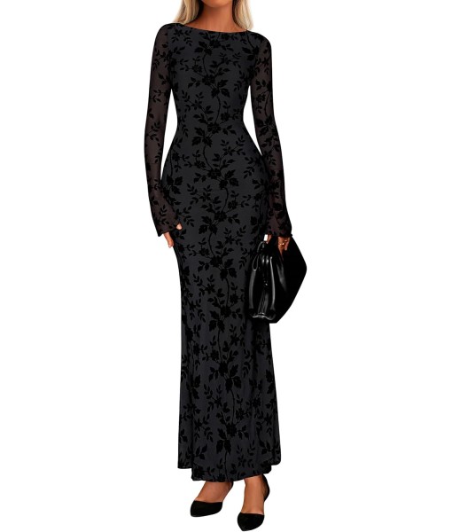 PRETTYGARDEN Women's Floral Bodycon Maxi Dress 2025 Fall Elegant Mesh Long Sleeve Formal Wedding Guest Cocktail Dresses