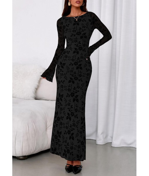 PRETTYGARDEN Women's Floral Bodycon Maxi Dress 2025 Fall Elegant Mesh Long Sleeve Formal Wedding Guest Cocktail Dresses