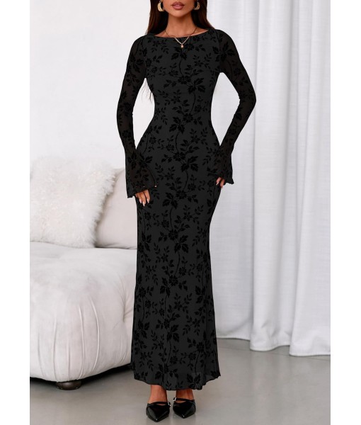 PRETTYGARDEN Women's Floral Bodycon Maxi Dress 2025 Fall Elegant Mesh Long Sleeve Formal Wedding Guest Cocktail Dresses