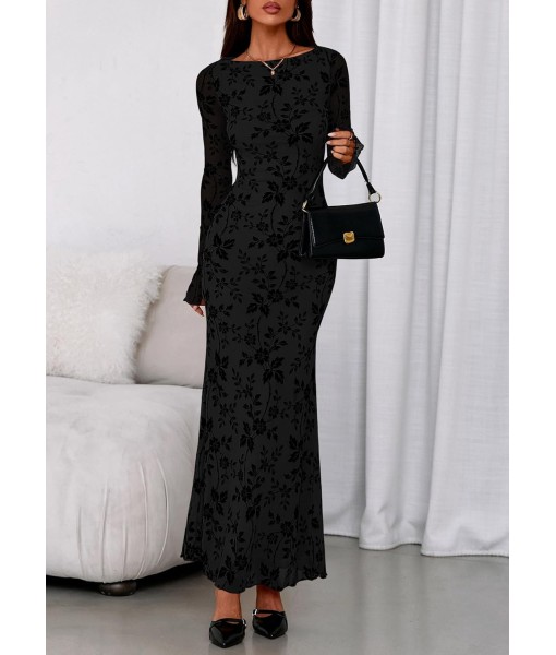 PRETTYGARDEN Women's Floral Bodycon Maxi Dress 2025 Fall Elegant Mesh Long Sleeve Formal Wedding Guest Cocktail Dresses