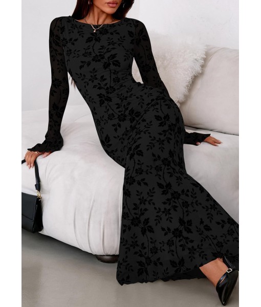 PRETTYGARDEN Women's Floral Bodycon Maxi Dress 2025 Fall Elegant Mesh Long Sleeve Formal Wedding Guest Cocktail Dresses