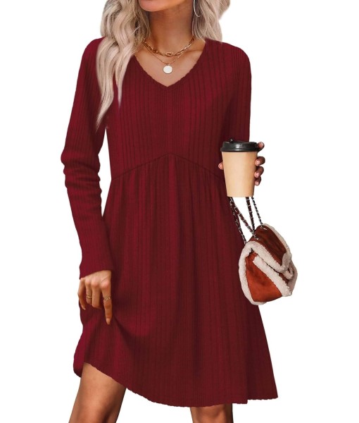 OFEEFAN Long Sleeve Sweater Dress Fall Dresses 2025 V Neck Empire Waist Baby Doll Dresses Women Casual Dress with Pockets