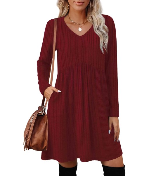 OFEEFAN Long Sleeve Sweater Dress Fall Dresses 2025 V Neck Empire Waist Baby Doll Dresses Women Casual Dress with Pockets