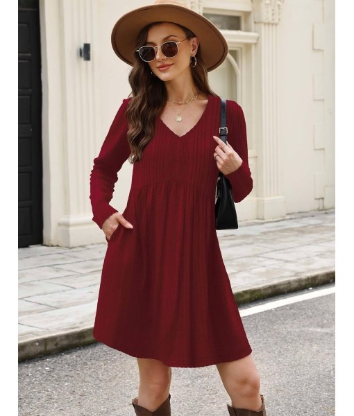 OFEEFAN Long Sleeve Sweater Dress Fall Dresses 2025 V Neck Empire Waist Baby Doll Dresses Women Casual Dress with Pockets