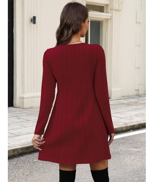 OFEEFAN Long Sleeve Sweater Dress Fall Dresses 2025 V Neck Empire Waist Baby Doll Dresses Women Casual Dress with Pockets
