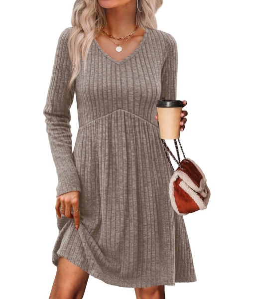 OFEEFAN Long Sleeve Sweater Dress Fall Dresses 2025 V Neck Empire Waist Baby Doll Dresses Women Casual Dress with Pockets