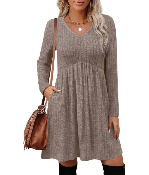 OFEEFAN Long Sleeve Sweater Dress Fall Dresses 2025 V Neck Empire Waist Baby Doll Dresses Women Casual Dress with Pockets