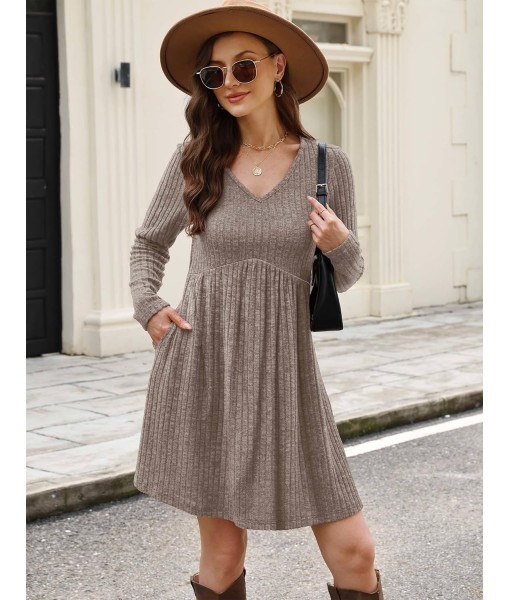 OFEEFAN Long Sleeve Sweater Dress Fall Dresses 2025 V Neck Empire Waist Baby Doll Dresses Women Casual Dress with Pockets