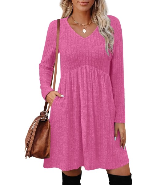 OFEEFAN Long Sleeve Sweater Dress Fall Dresses 2025 V Neck Empire Waist Baby Doll Dresses Women Casual Dress with Pockets