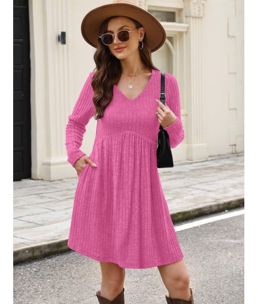 OFEEFAN Long Sleeve Sweater Dress Fall Dresses 2025 V Neck Empire Waist Baby Doll Dresses Women Casual Dress with Pockets