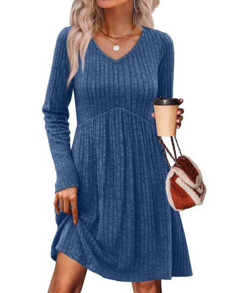 OFEEFAN Long Sleeve Sweater Dress Fall Dresses 2025 V Neck Empire Waist Baby Doll Dresses Women Casual Dress with Pockets