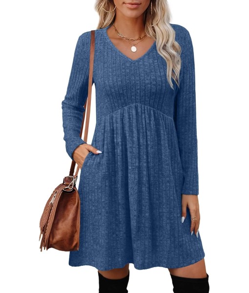 OFEEFAN Long Sleeve Sweater Dress Fall Dresses 2025 V Neck Empire Waist Baby Doll Dresses Women Casual Dress with Pockets