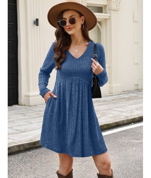 OFEEFAN Long Sleeve Sweater Dress Fall Dresses 2025 V Neck Empire Waist Baby Doll Dresses Women Casual Dress with Pockets