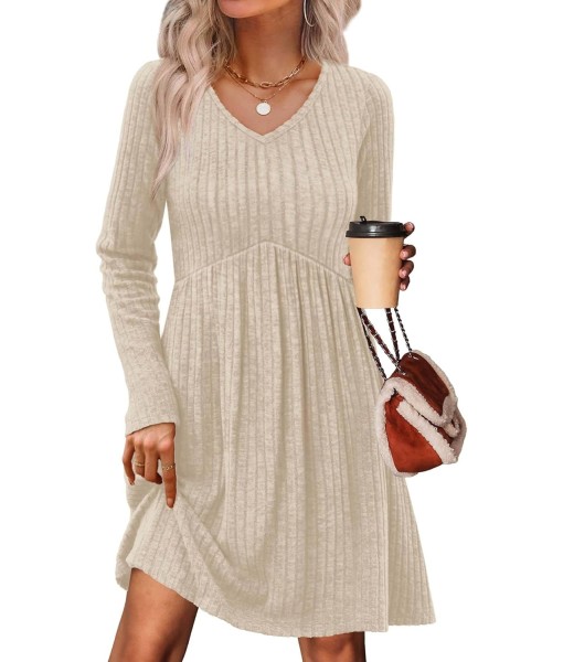 OFEEFAN Long Sleeve Sweater Dress Fall Dresses 2025 V Neck Empire Waist Baby Doll Dresses Women Casual Dress with Pockets