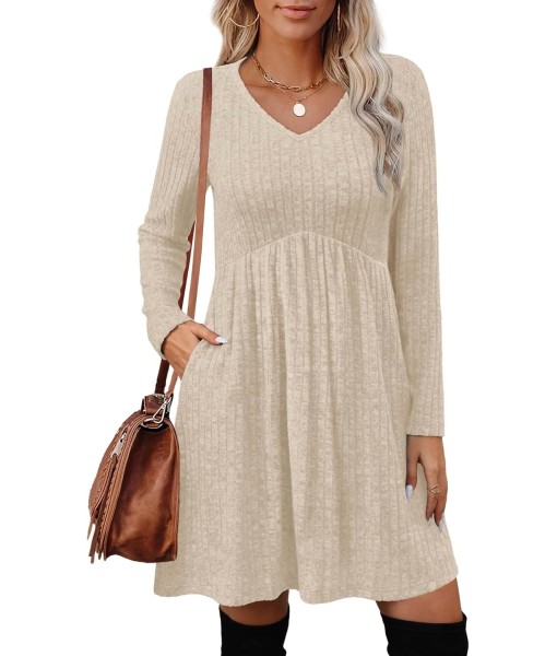 OFEEFAN Long Sleeve Sweater Dress Fall Dresses 2025 V Neck Empire Waist Baby Doll Dresses Women Casual Dress with Pockets