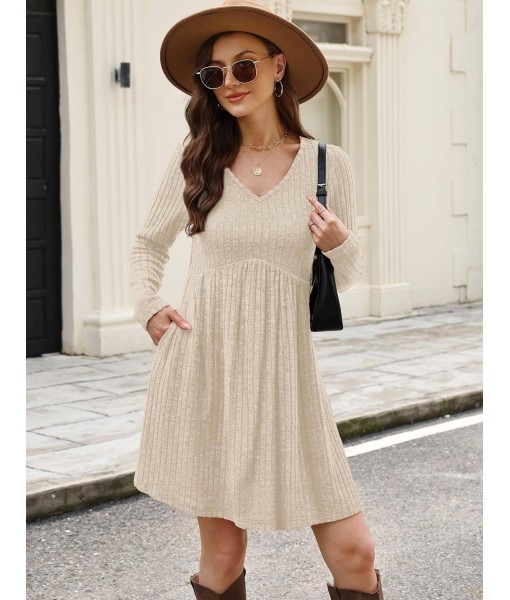 OFEEFAN Long Sleeve Sweater Dress Fall Dresses 2025 V Neck Empire Waist Baby Doll Dresses Women Casual Dress with Pockets