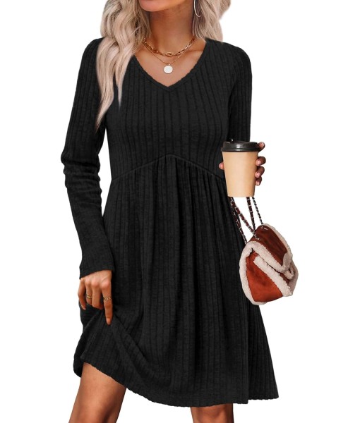 OFEEFAN Long Sleeve Sweater Dress Fall Dresses 2025 V Neck Empire Waist Baby Doll Dresses Women Casual Dress with Pockets