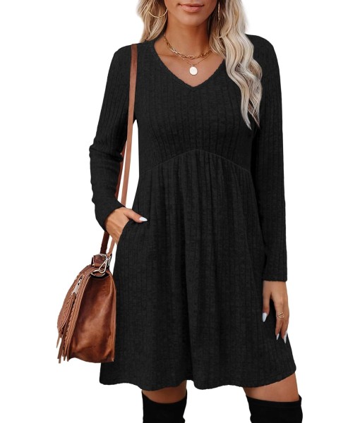 OFEEFAN Long Sleeve Sweater Dress Fall Dresses 2025 V Neck Empire Waist Baby Doll Dresses Women Casual Dress with Pockets