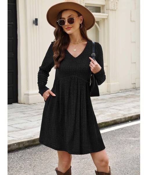 OFEEFAN Long Sleeve Sweater Dress Fall Dresses 2025 V Neck Empire Waist Baby Doll Dresses Women Casual Dress with Pockets