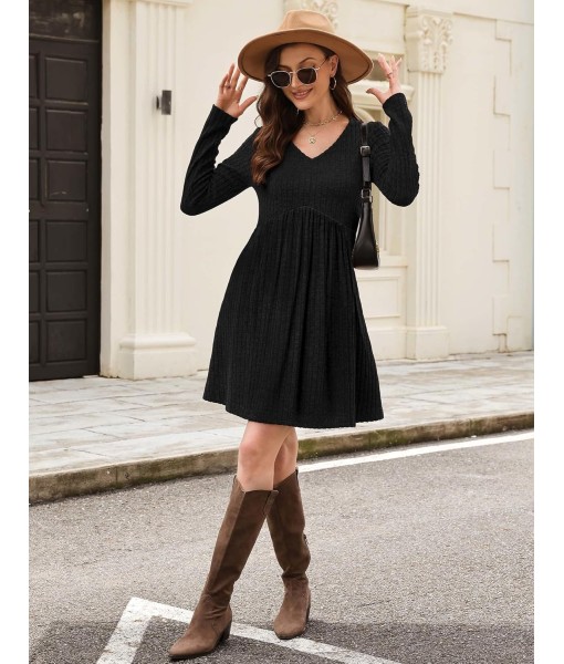 OFEEFAN Long Sleeve Sweater Dress Fall Dresses 2025 V Neck Empire Waist Baby Doll Dresses Women Casual Dress with Pockets