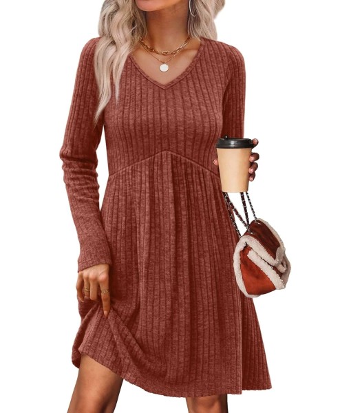 OFEEFAN Long Sleeve Sweater Dress Fall Dresses 2025 V Neck Empire Waist Baby Doll Dresses Women Casual Dress with Pockets