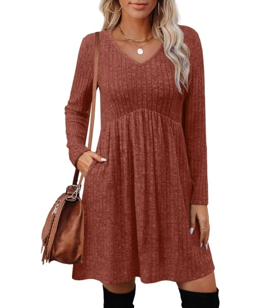 OFEEFAN Long Sleeve Sweater Dress Fall Dresses 2025 V Neck Empire Waist Baby Doll Dresses Women Casual Dress with Pockets