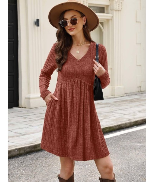 OFEEFAN Long Sleeve Sweater Dress Fall Dresses 2025 V Neck Empire Waist Baby Doll Dresses Women Casual Dress with Pockets