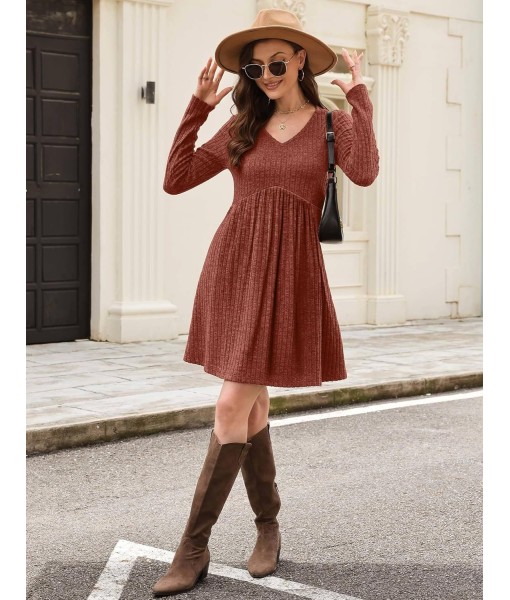 OFEEFAN Long Sleeve Sweater Dress Fall Dresses 2025 V Neck Empire Waist Baby Doll Dresses Women Casual Dress with Pockets