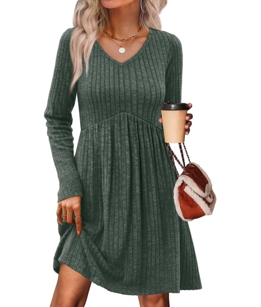 OFEEFAN Long Sleeve Sweater Dress Fall Dresses 2025 V Neck Empire Waist Baby Doll Dresses Women Casual Dress with Pockets