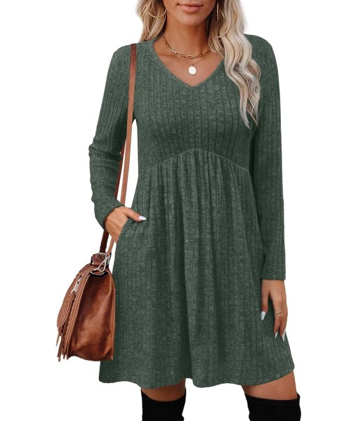 OFEEFAN Long Sleeve Sweater Dress Fall Dresses 2025 V Neck Empire Waist Baby Doll Dresses Women Casual Dress with Pockets