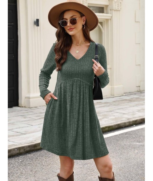 OFEEFAN Long Sleeve Sweater Dress Fall Dresses 2025 V Neck Empire Waist Baby Doll Dresses Women Casual Dress with Pockets
