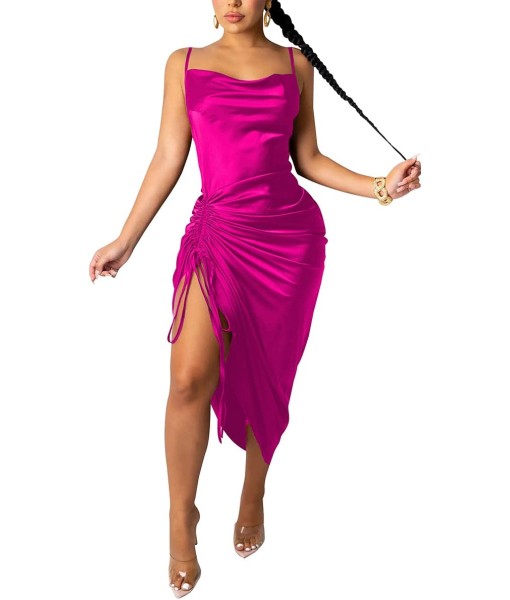 Women's Spaghetti Strap Satin Dress Sexy Backless Drawstring Ruched Split Hem Cocktail Evening Party