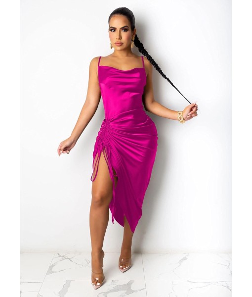 Women's Spaghetti Strap Satin Dress Sexy Backless Drawstring Ruched Split Hem Cocktail Evening Party