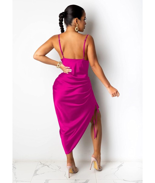 Women's Spaghetti Strap Satin Dress Sexy Backless Drawstring Ruched Split Hem Cocktail Evening Party