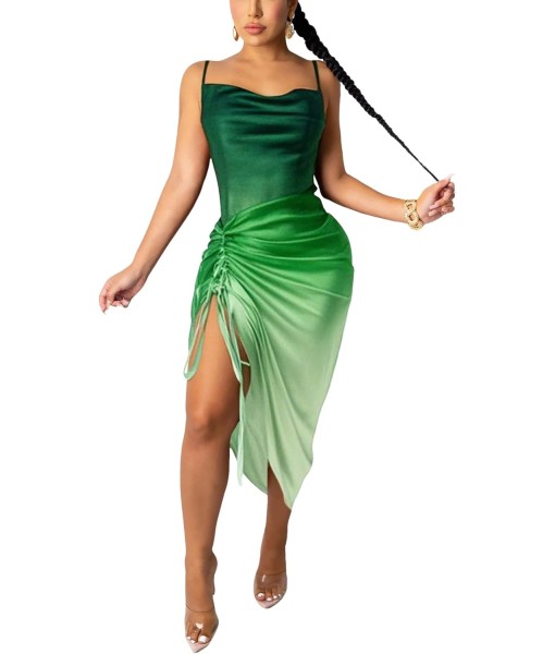 Women's Spaghetti Strap Satin Dress Sexy Backless Drawstring Ruched Split Hem Cocktail Evening Party