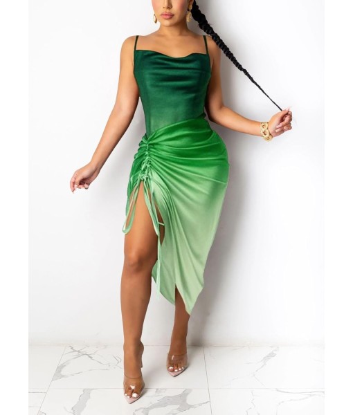 Women's Spaghetti Strap Satin Dress Sexy Backless Drawstring Ruched Split Hem Cocktail Evening Party