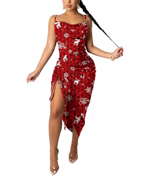 Women's Spaghetti Strap Satin Dress Sexy Backless Drawstring Ruched Split Hem Cocktail Evening Party